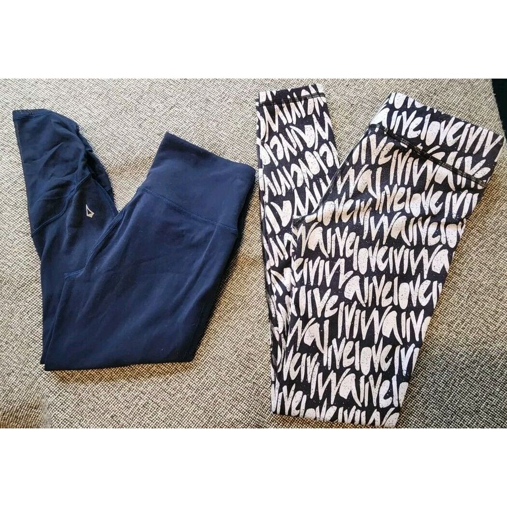 Lot Of 2 Iviva by Lululemon Girls Sz 12 Leggings Navy Blue Black White Print EUC